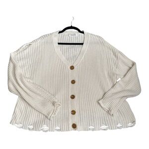 Cbrand Ivory Button-Up Cardigan Cotton Blend Size Large Distressed Hem Casual